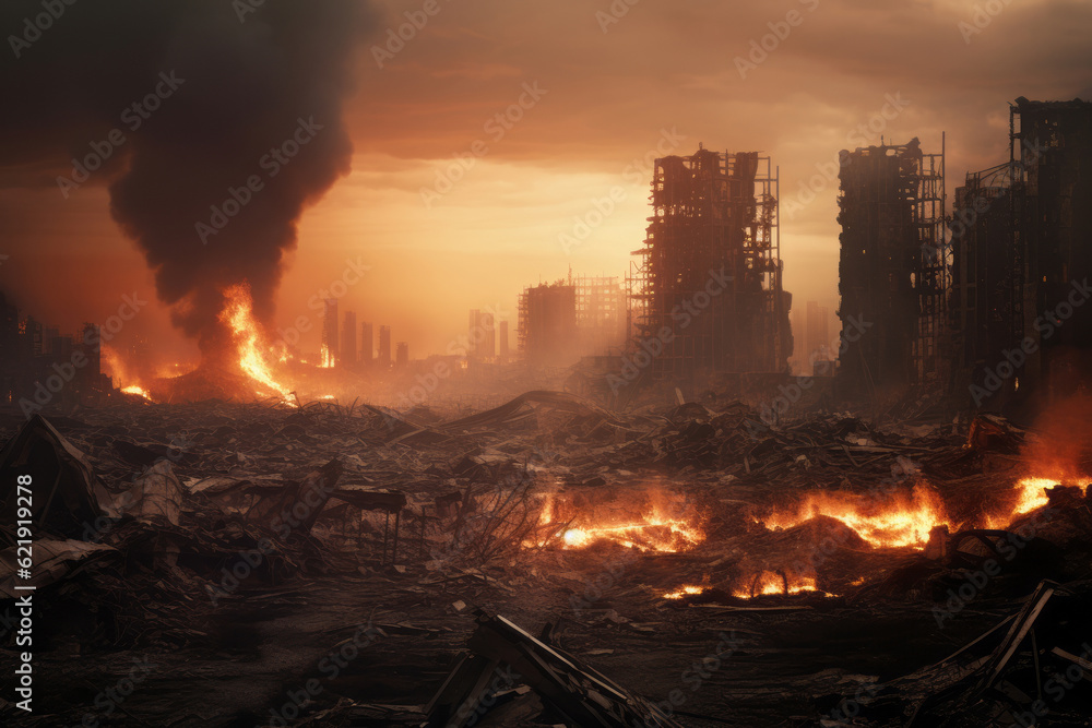 An image representing a destroyed city in a fire storm. Generative AI