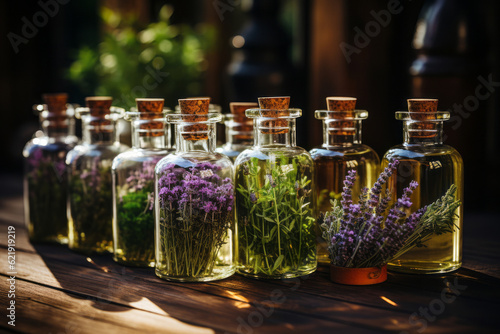 Fotografering An assortment of essential oil bottles with fresh plants from which they're derived, like lavender, peppermint, and rosemary, arranged on a wooden surface