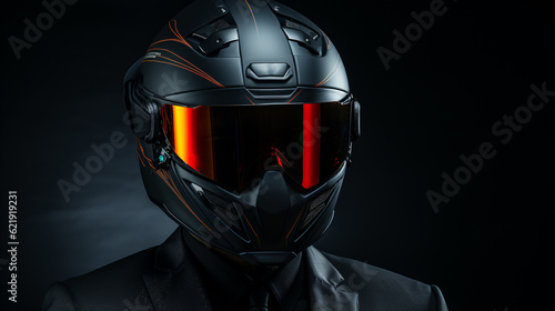Biker in suit and helmet on the dark background. Generative Ai