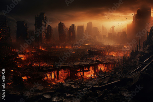 Photographie An image representing a destroyed city in a fire storm