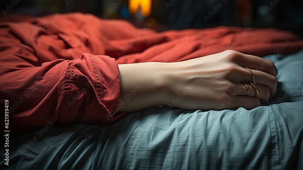 Fototapeta premium Clenched female hand on sheet on bed. Generative Ai
