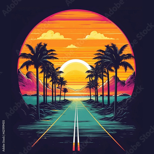 Summer road trip at sunset with palm trees landscape