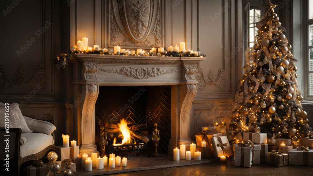 Christmas evening in the light of candles and garlands. Classic luxurious apartments with decorated Christmas tree and presents. Generative AI