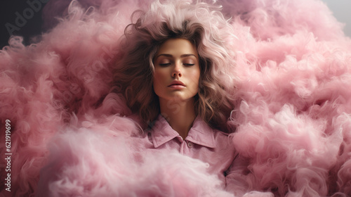 Woman with her head in cloud. Depression, loneliness and mental health concept. Generative Ai