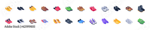 Shoes and Footwear Set Vector. Fashionable Shoes. Boots. For Man And Woman. Web Icon. Flat Cartoon Isolated Illustration	
