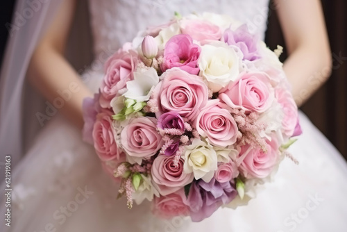 Close up the bride holds a beautiful wedding bouquet. Generative AI