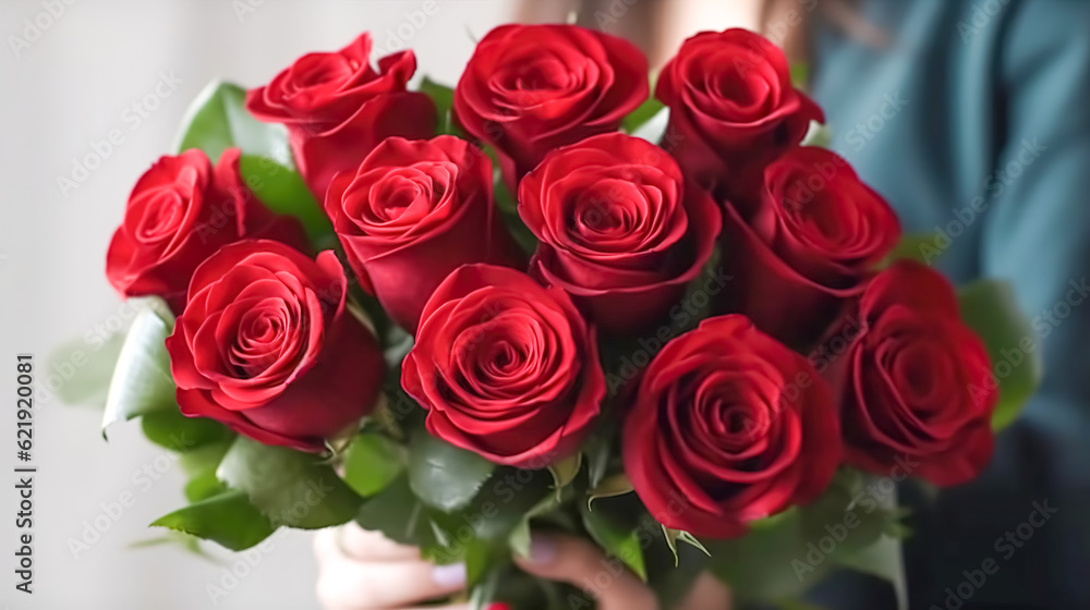 Bouquet of red roses in female hands, generative AI. Bouquet of red roses in female hands, generative AI.