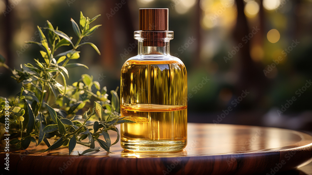 eucalyptus oil bottle in front of botanicals. Generative AI