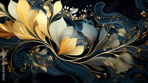 decorative art deco modern geometric pattern in gold and black, in the style of abstracted botanical illustrations. Generative AI photo