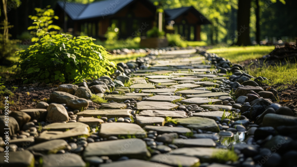 Garden path paving stones and grass.. Generative AI Garden path paving stones and grass.. Generative AI