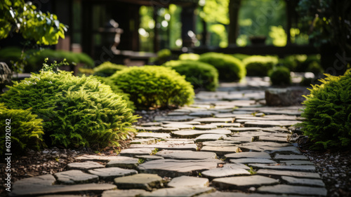 Garden path paving stones and grass.. Generative AI