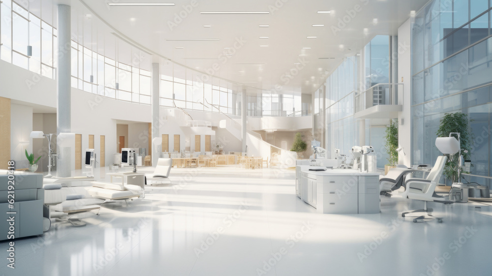 Hospital room with beds in white tones. Generative AI Hospital room with beds in white tones. Generative AI