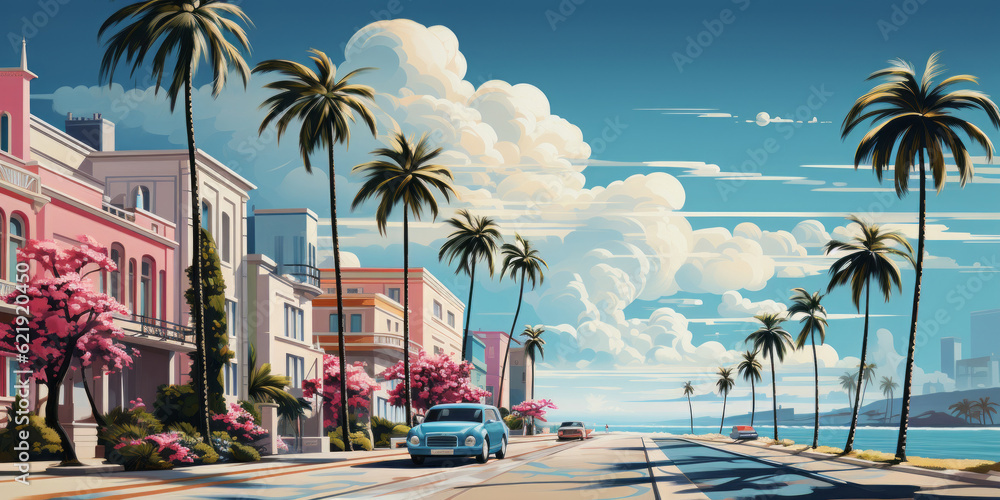 Obraz premium Illustrator art Miami street. Generative AI