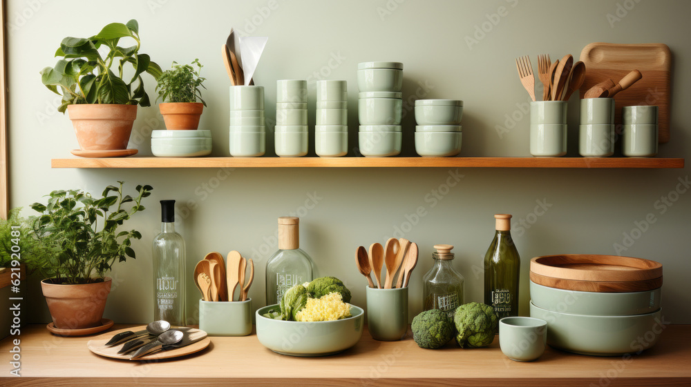 Kitchen decor pots pans and knives.. Generative AI Kitchen decor pots pans and knives.. Generative AI