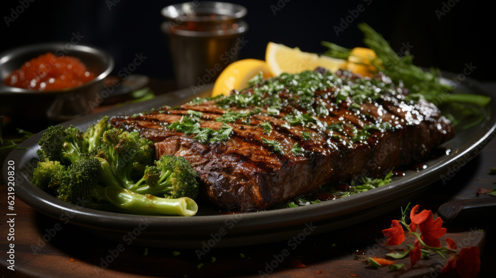 plate with steak asparagus and sauce . Generative AI plate with steak asparagus and sauce . Generative AI
