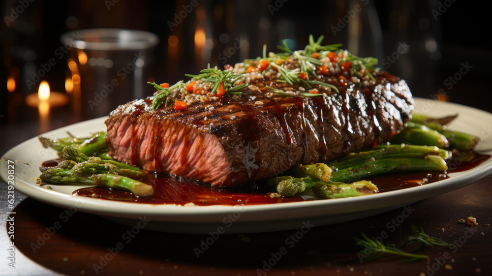 plate with steak asparagus and sauce . Generative AI plate with steak asparagus and sauce . Generative AI