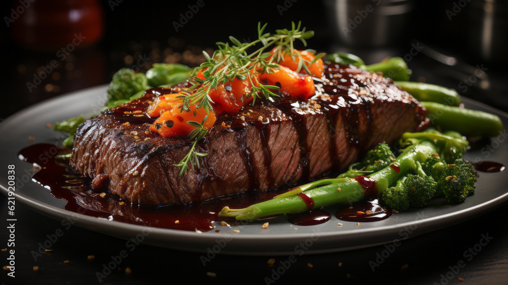 plate with steak asparagus and sauce . Generative AI plate with steak asparagus and sauce . Generative AI