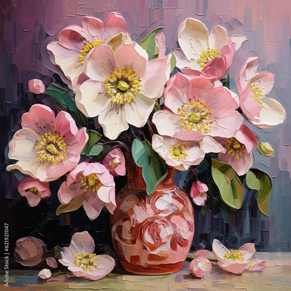 Bouquet of pink lenten rose flowers in a vase, still life. Digital oil ...