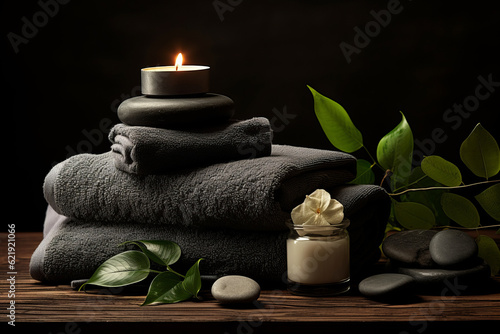 Spa towel stack on black table on bathroom interior. Generative AI