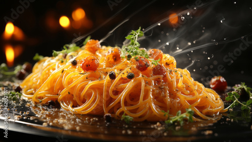 Spaghetti with pepper spray on black background. Generative AI