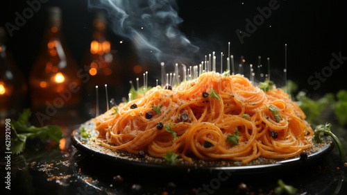 Spaghetti with pepper spray on black background. Generative AI