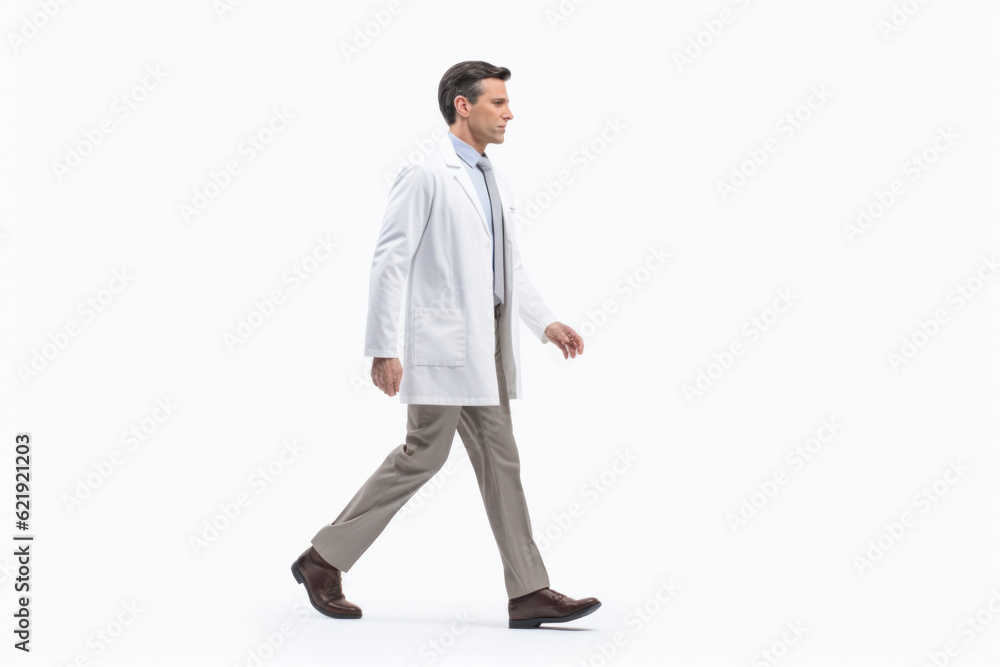 Male doctor physician in medical uniform walks on white background. Hospital staff. Generative AI Male doctor physician in medical uniform walks on white background. Hospital staff. Generative AI