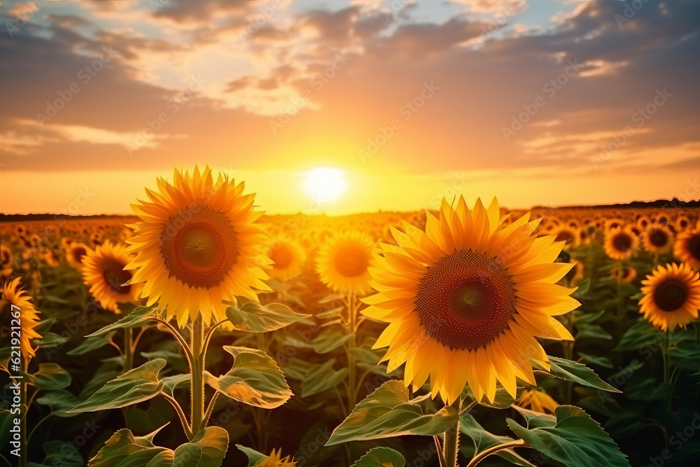 Fototapeta premium Sunflowers in field with sunset. Generative AI