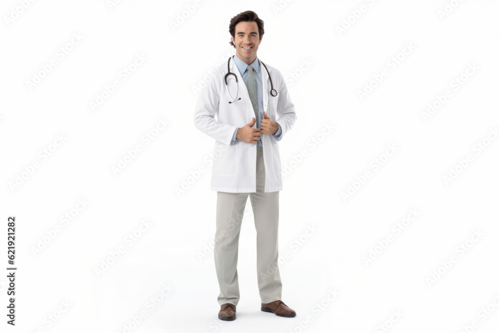 Happy male GP doctor with stethoscope looking at camera on white background. Generative AI Happy male GP doctor with stethoscope looking at camera on white background. Generative AI