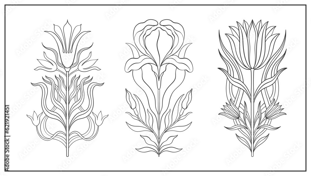 Floral flower in art nouveau 1920-1930. Hand drawn tulip in a linear style with weaves of lines, leaves and flowers art nouveau. Floral flower in art nouveau 1920-1930. Hand drawn tulip in a linear style with weaves of lines, leaves and flowers art nouveau.