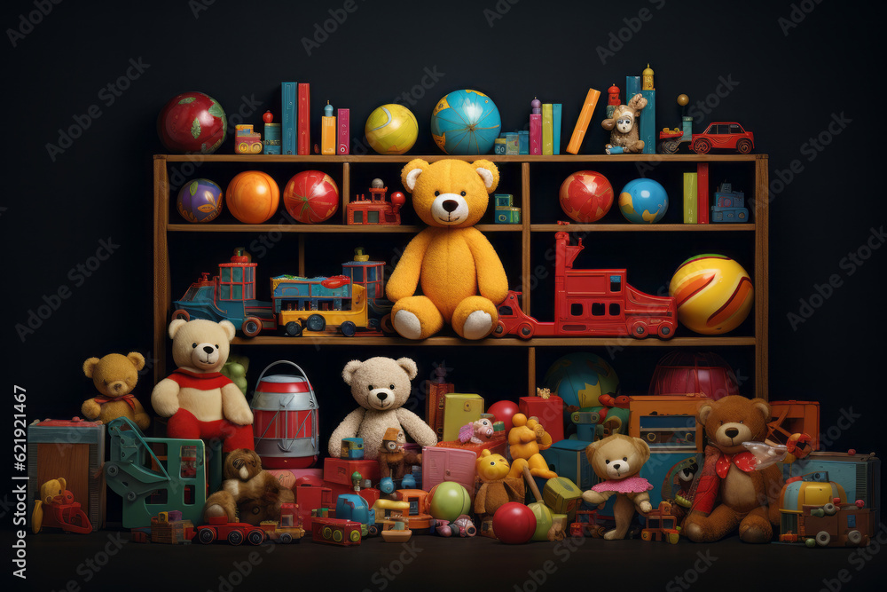 Obraz premium Toy collection on black background.. Generative AI