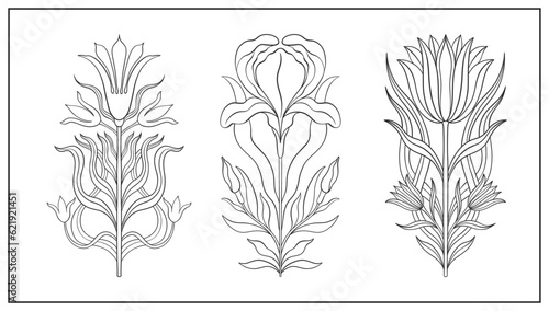Floral flower in art nouveau 1920-1930. Hand drawn tulip in a linear style with weaves of lines, leaves and flowers art nouveau.