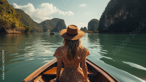Traveler woman in summer dress relaxing on wooden boat. Generative AI