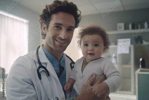Friendly smiling male doctor pediatrician holds baby in arms in pediatric hospital. Generative AI
