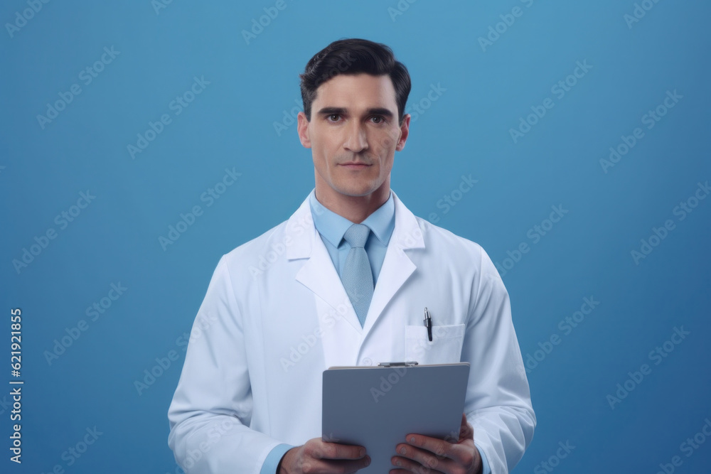 Male doctor nutritionist advertising medicine or medical procedure on blue background. Generative AI Male doctor nutritionist advertising medicine or medical procedure on blue background. Generative AI