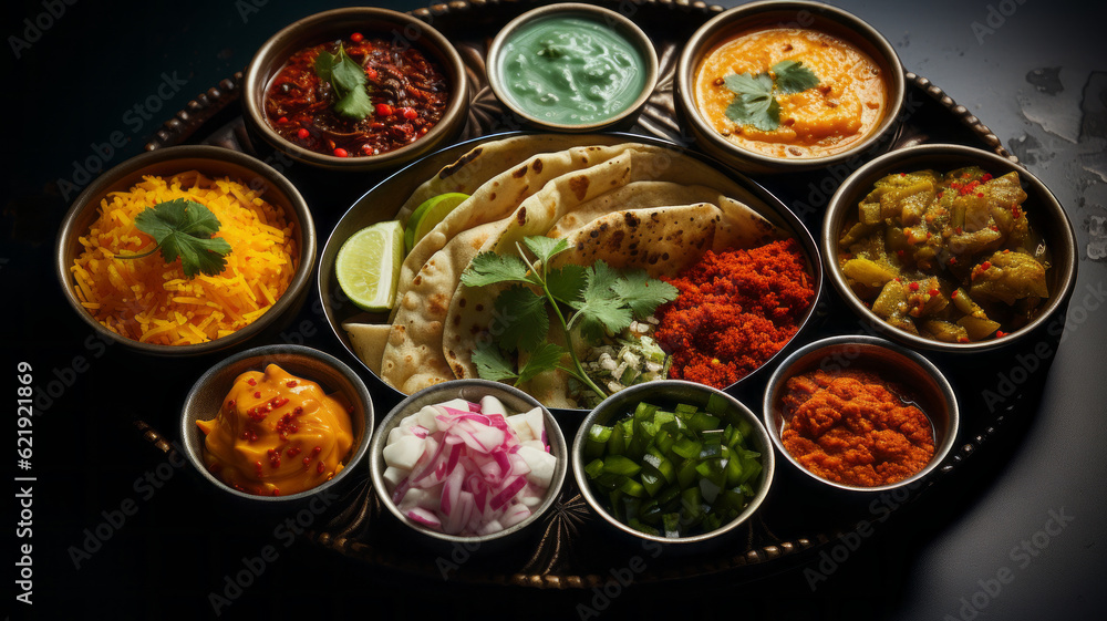 With colorful dishes of indian food.. Generative AI