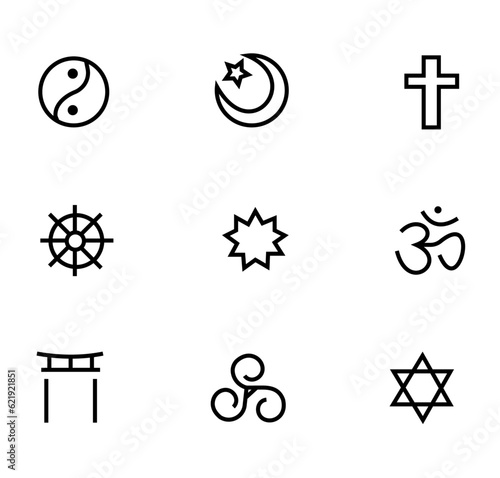World religion symbols. Christianity, Islam, Hinduism, Buddhism, Judaism, Taoism, Shintoism, Bahaism and Druidism icon vector illustration. 