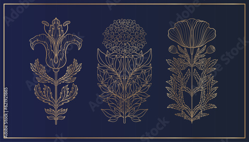 Floral flower in art nouveau 1920-1930. Hand drawn tulip in a linear style with weaves of lines, leaves and flowers.