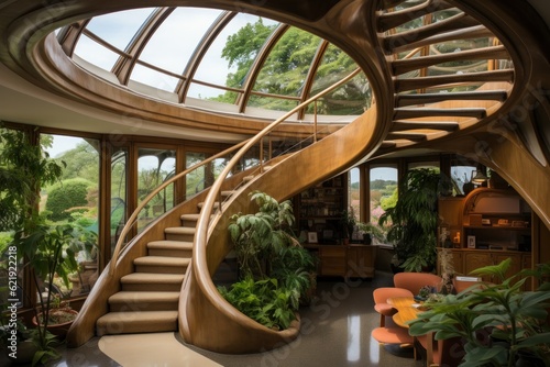 Loft interior design of modern living room open space. Spiral staircase  Wooden paneling and concrete walls. Plants. Created with generative AI