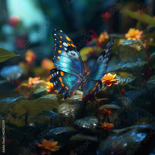 A blue and yellow color butterfly on a flower