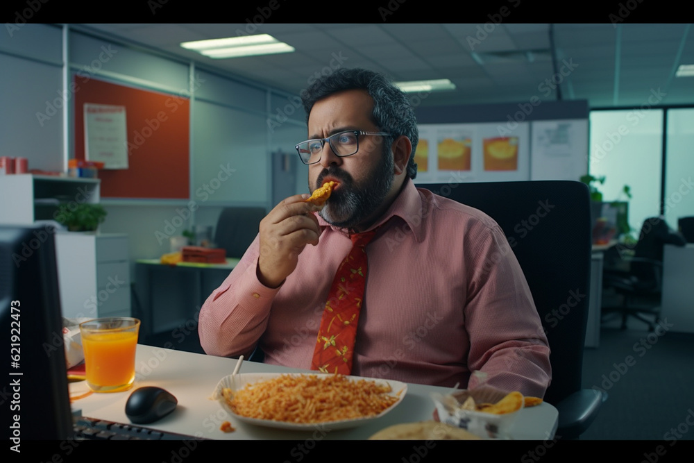 Businessman late at night eating a pizza in front of computer monitor in office. Businessman late at night eating a pizza in front of computer monitor in office.