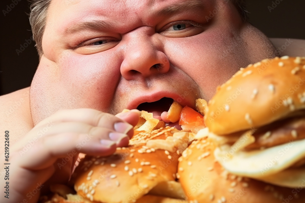 An extremely obese man with junk food - close-up. Obese young man with hamburger. Close-up disgusting portrait. The concept of obesity and overeating.