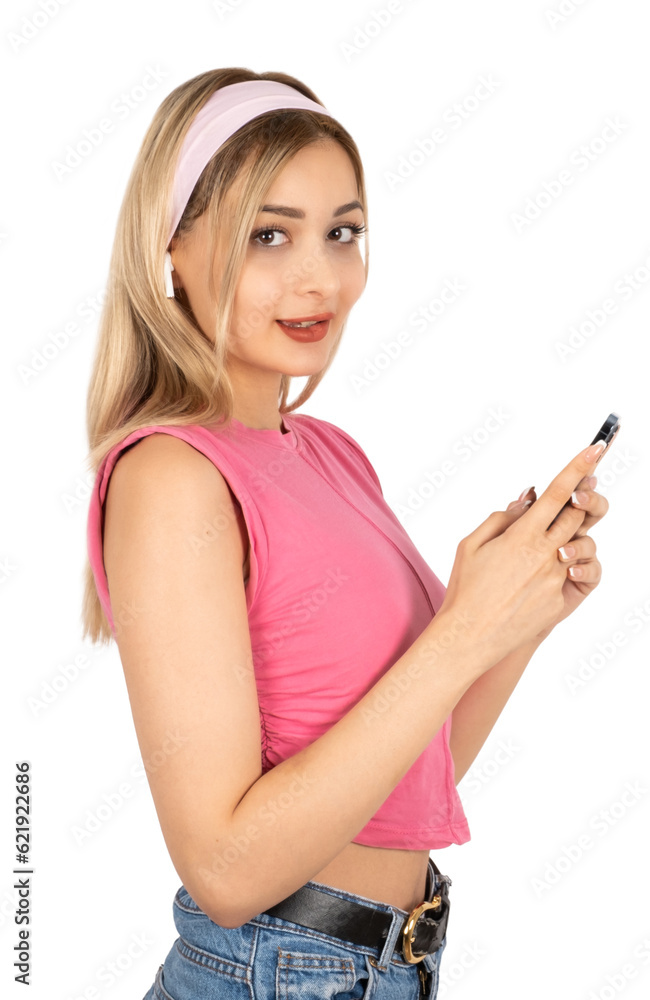 Using smartphone, side view portrait of young attractive girl using smartphone. Posing isolated transparent, png image copy space. Using mobile phone, application, messaging. Headset device accessory. Using smartphone, side view portrait of young attractive girl using smartphone. Posing isolated transparent, png image copy space. Using mobile phone, application, messaging. Headset device accessory.