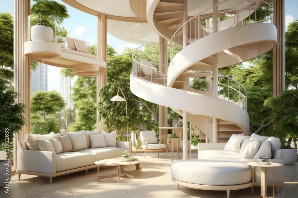 Fototapeta premium Loft interior design of modern living room open space. Spiral staircase, Wooden paneling and concrete walls. Plants. Created with generative AI