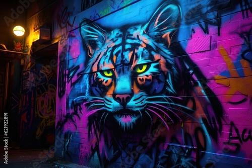 Neon graffiti art  close - up  cyberpunk cat. AI generated