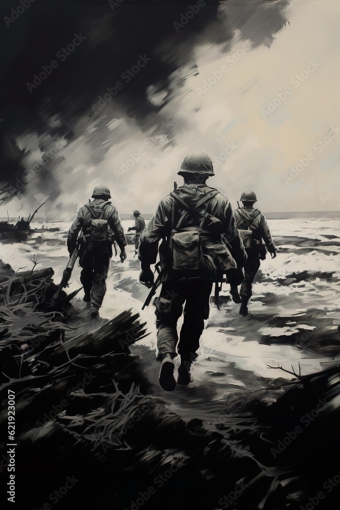 Charcoal sketch of D-Day invasion scene on June 6 1944 in Normandy. Ai generative art Charcoal sketch of D-Day invasion scene on June 6 1944 in Normandy. Ai generative art