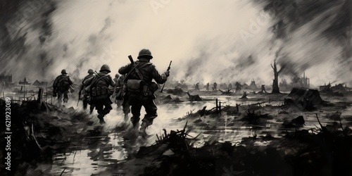 Charcoal sketch of D-Day invasion scene on June 6 1944 in Normandy. Ai generative art photo