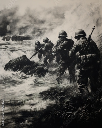 Charcoal sketch of D-Day invasion scene on June 6 1944 in Normandy. Ai generative art