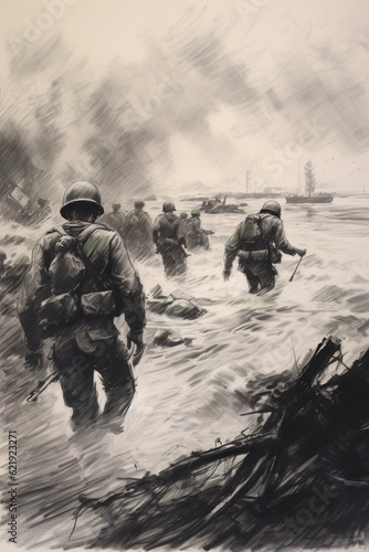 Charcoal sketch of D-Day invasion scene on June 6 1944 in Normandy. Ai generative art