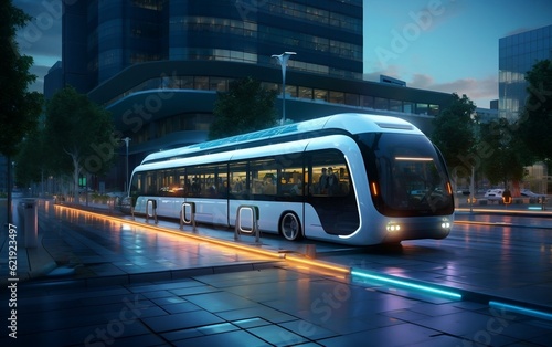 A futuristic bus driving down a street next to tall buildings. AI