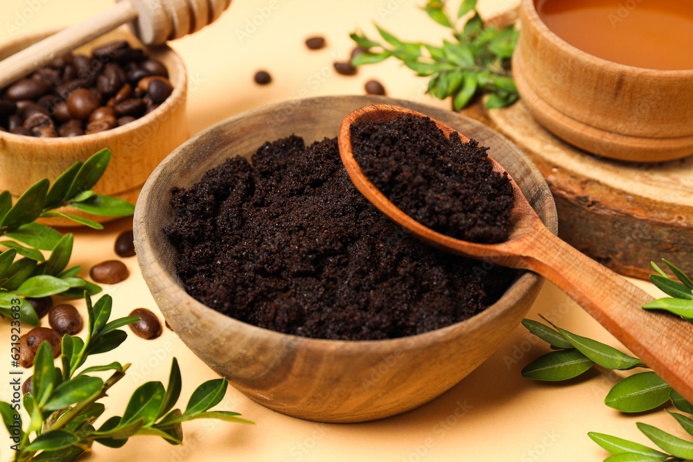 Concept of skin and face care, coffee scrub Concept of skin and face care, coffee scrub
